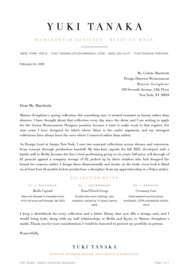 Fashion lookbook cover letter